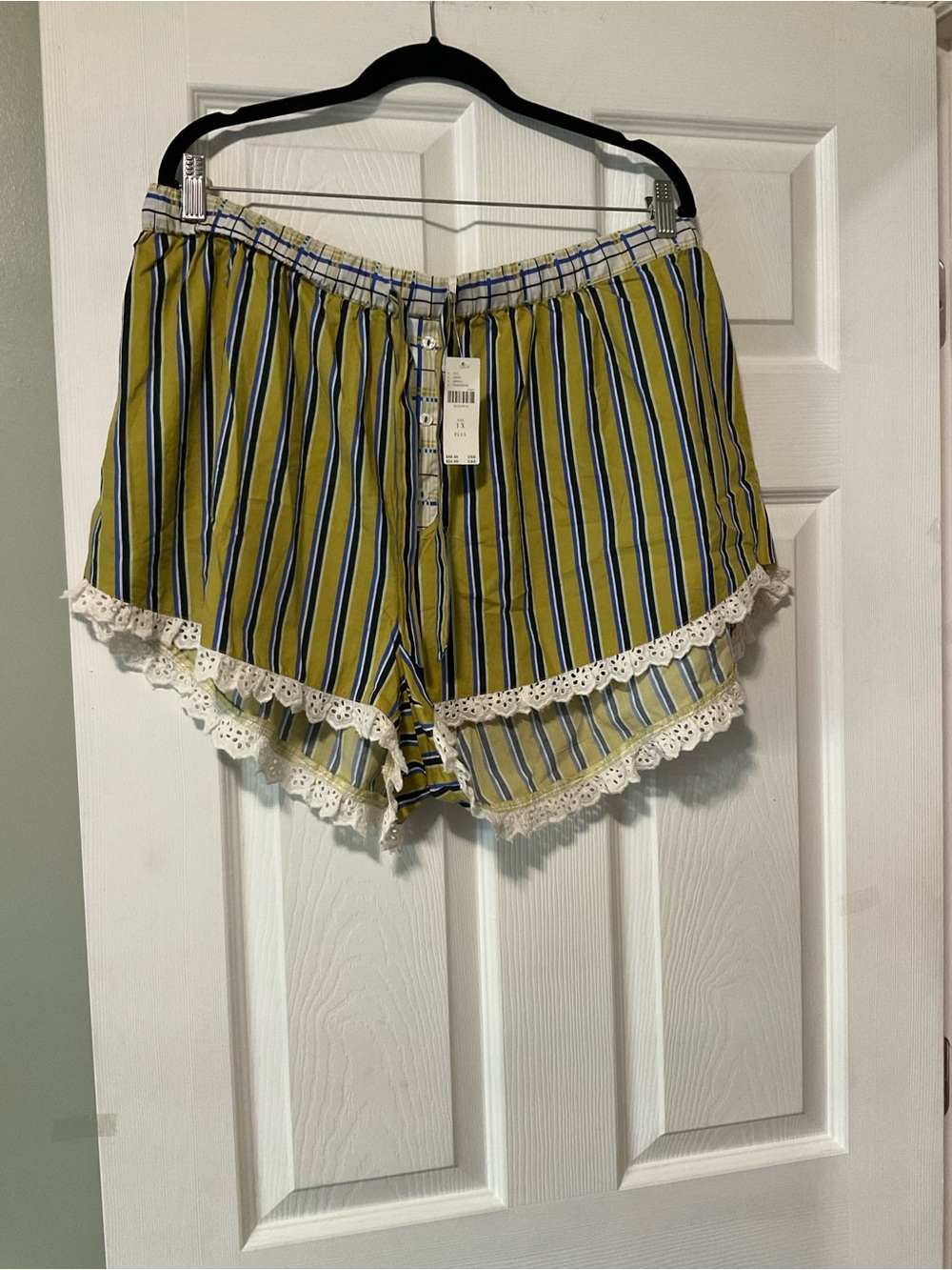 Anthropologie Yellow and Blue Striped Lace-Trim Sleep Shorts